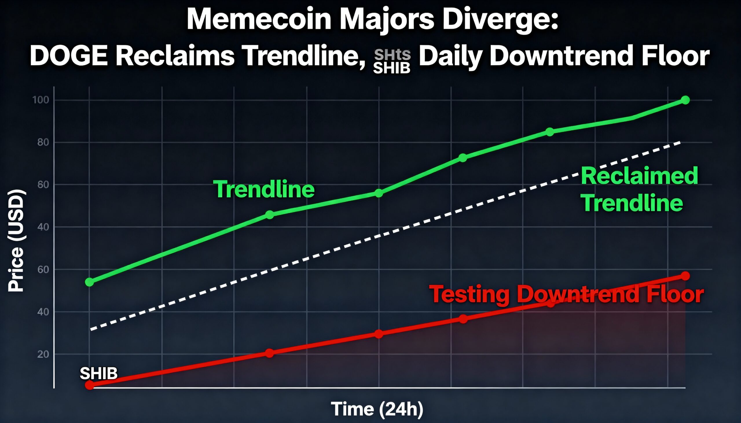Major Memecoins Split Paths as DOGE Rebounds Above Trendline While SHIB Pressures Its Daily Downtrend Base