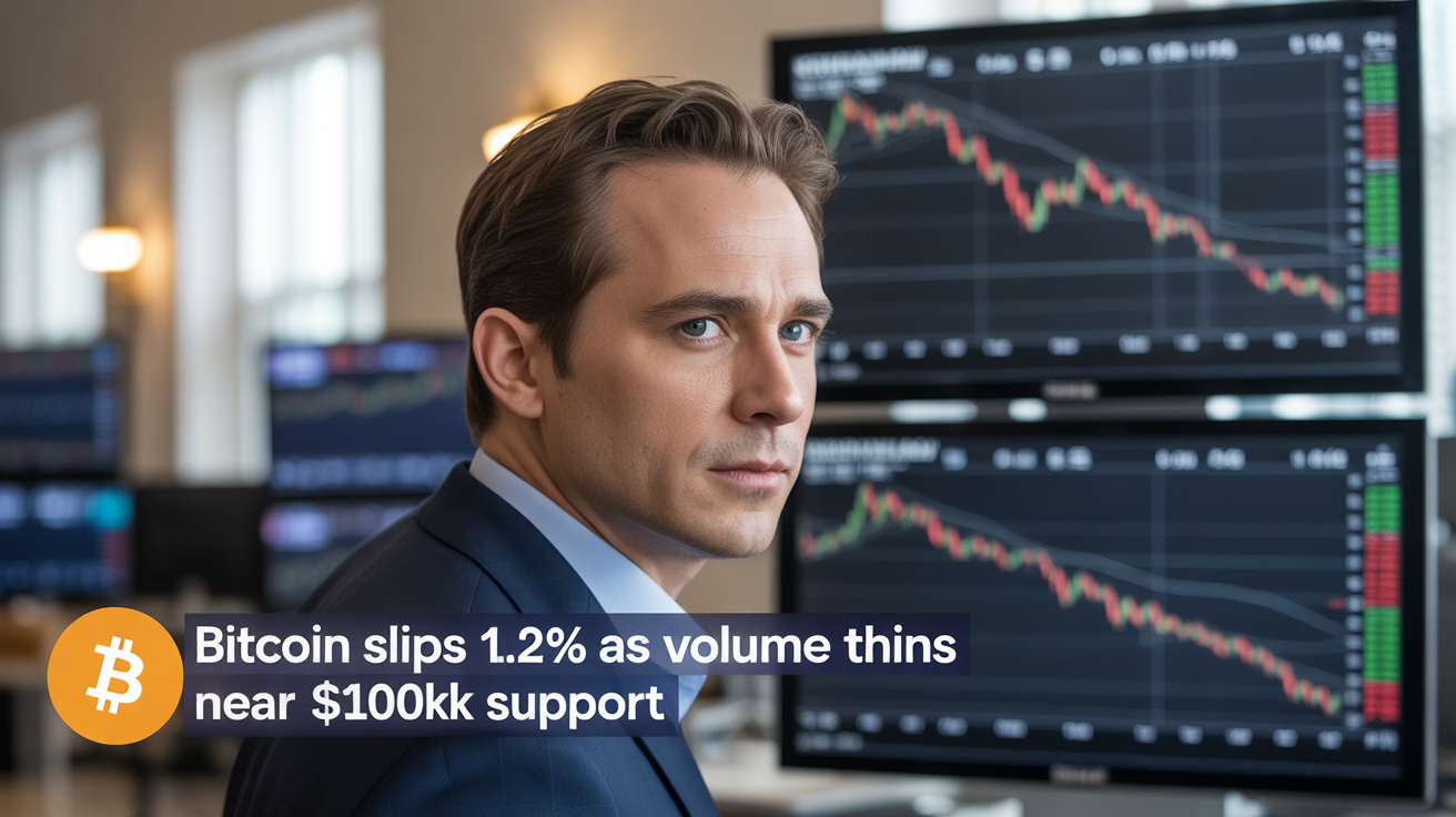 Bitcoin retreats 1.2% as trading volume dwindles near the $100K support level.