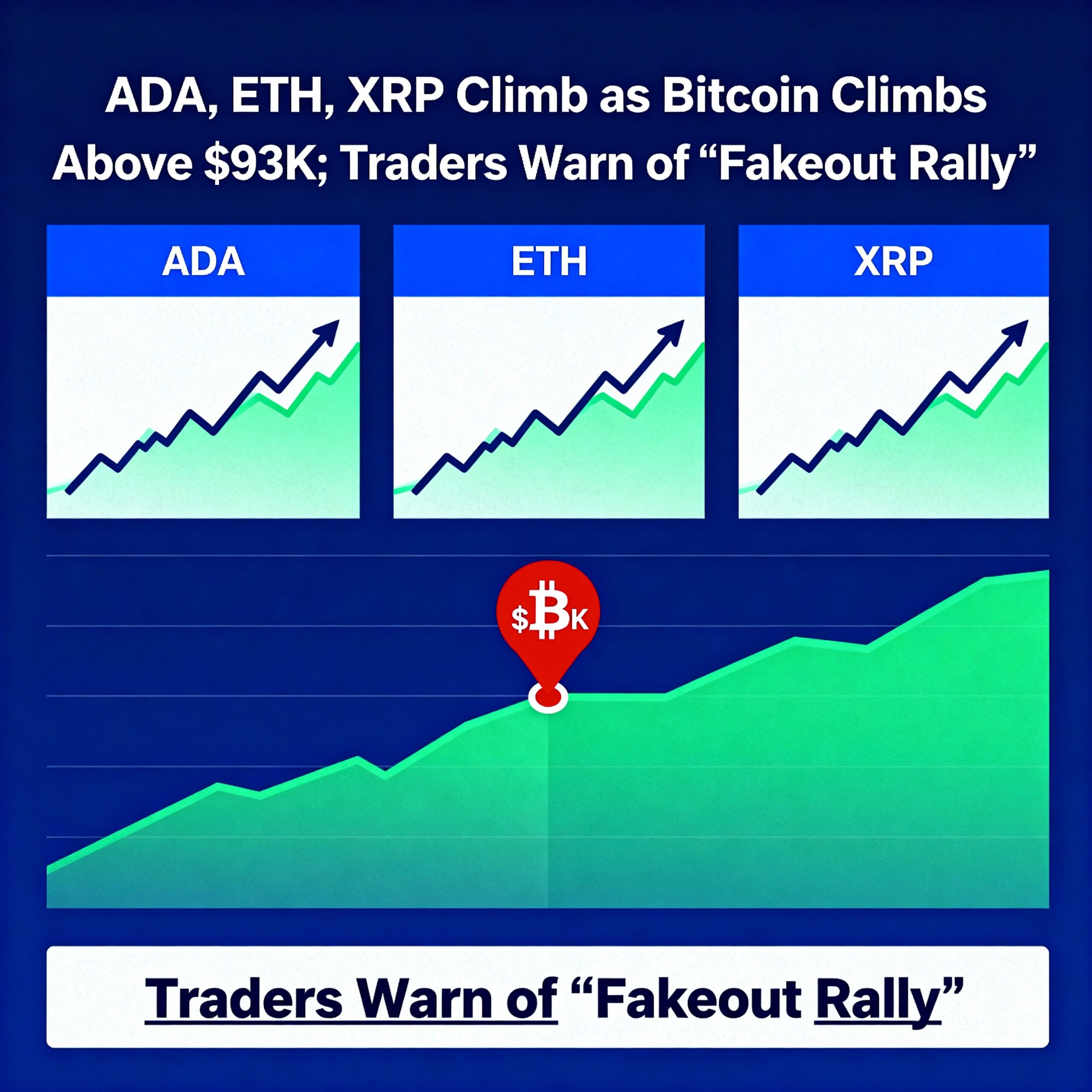 ADA, ETH, and XRP Rise Alongside Bitcoin Surging Past $93K, While Traders Caution of a ‘Fakeout Rally’
