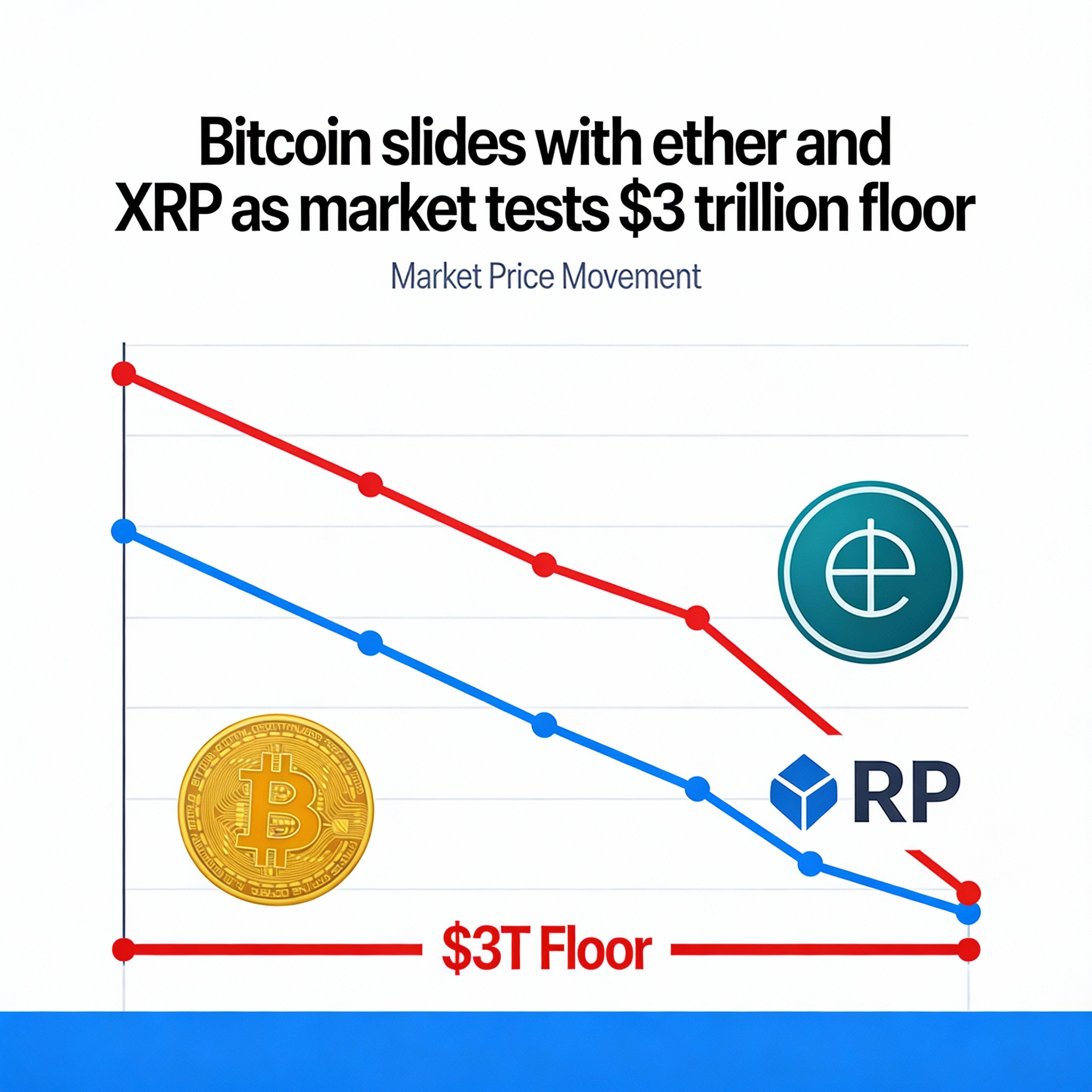 Bitcoin dips alongside ether and XRP as crypto market nears $3 trillion support.
