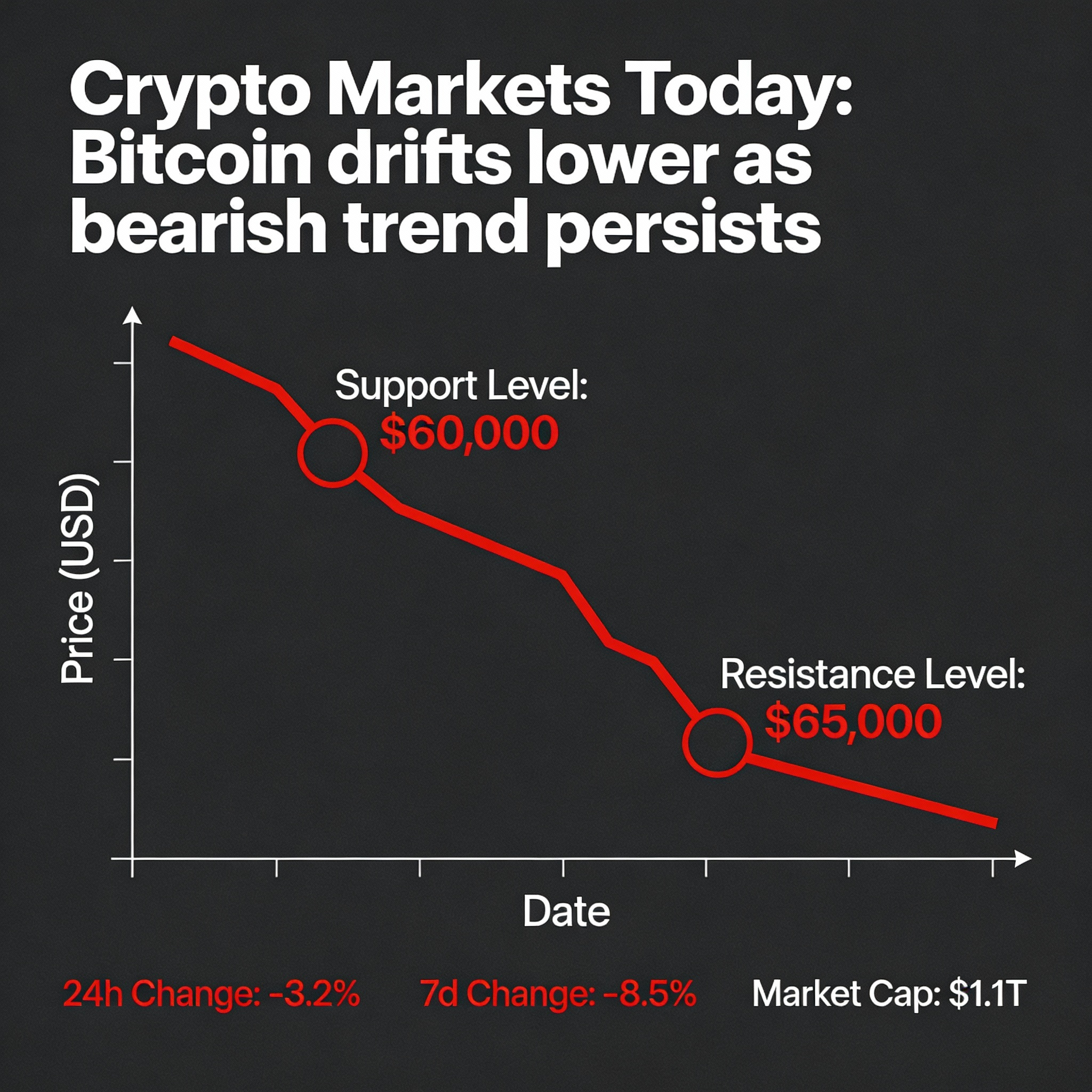 Crypto Markets Today: Bitcoin slides amid continuing bearish pressure.