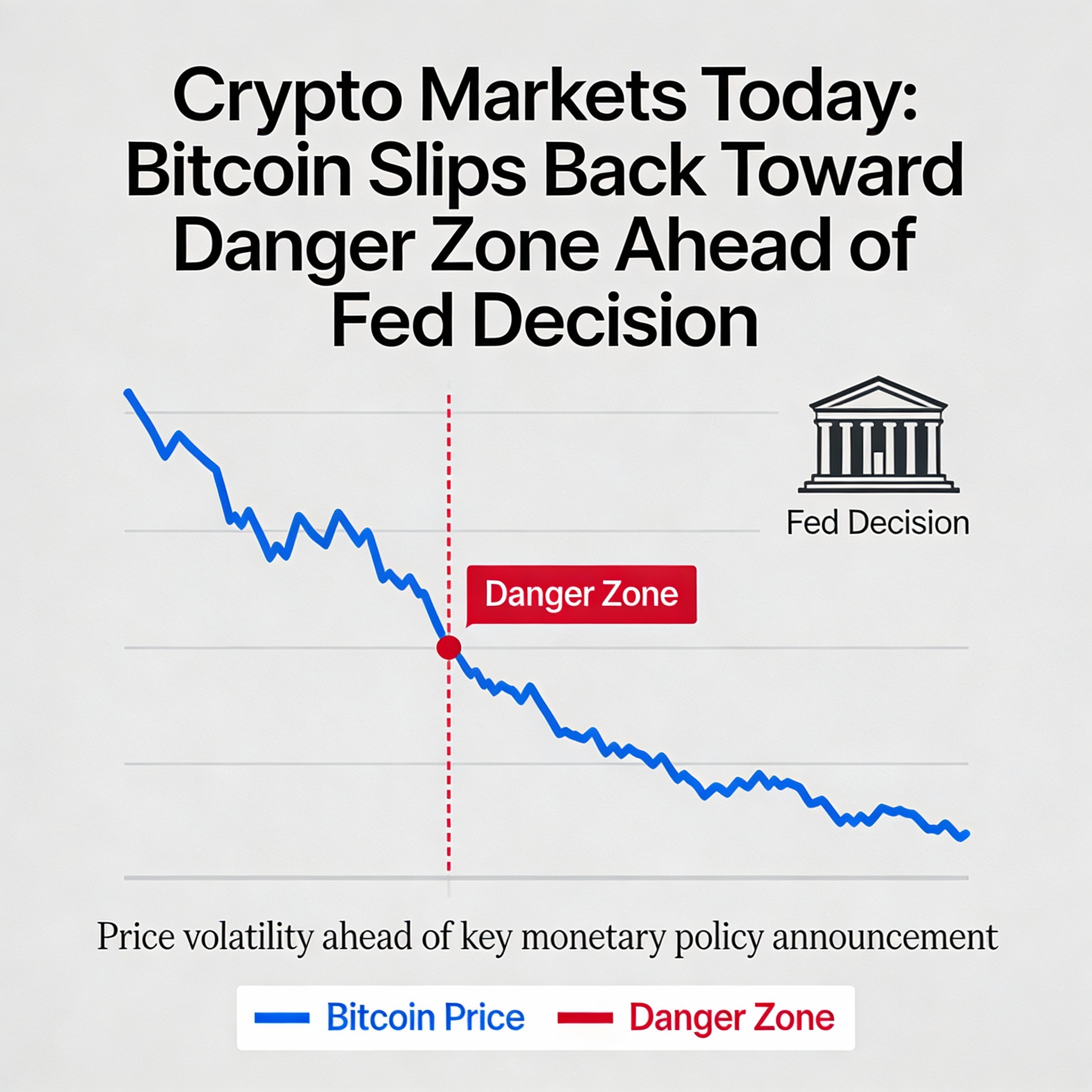 Crypto Markets Today: Bitcoin Retreats Toward a Risk Zone as Traders Brace for Fed Decision