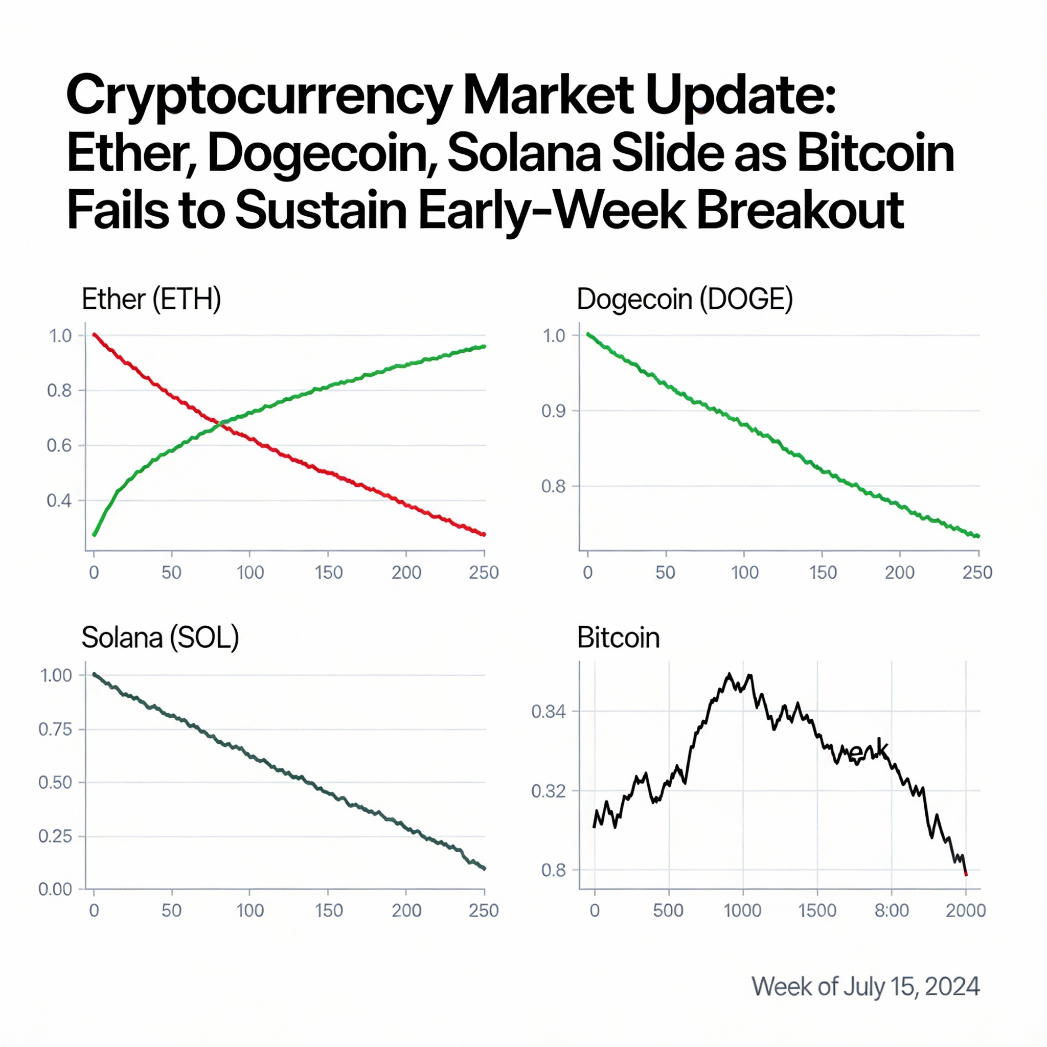 Ether, Dogecoin, and Solana Retreat as Bitcoin Struggles to Hold Early-Week Gains