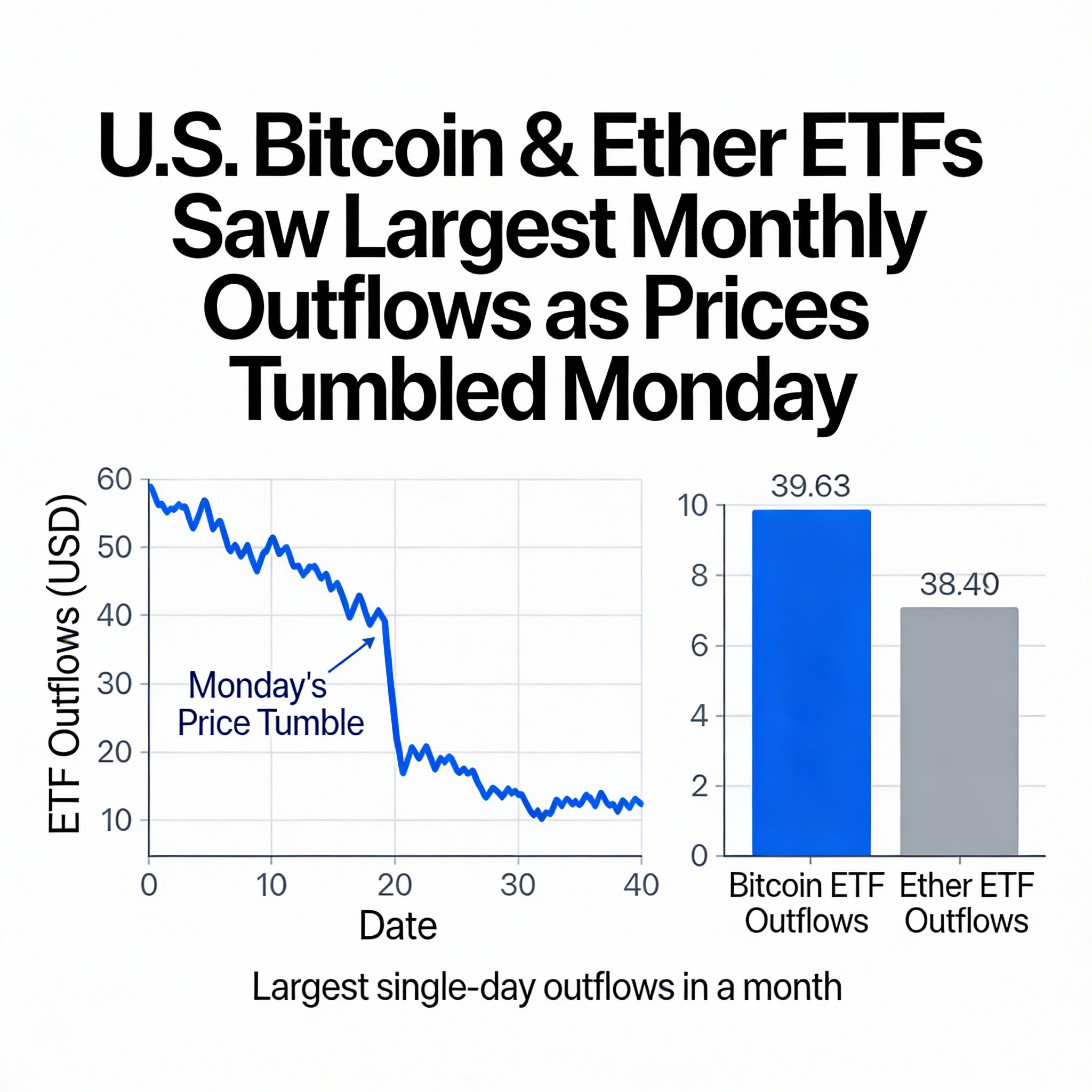U.S. bitcoin and ether ETFs experienced their biggest outflows in a month as Monday’s price drops hit the market.