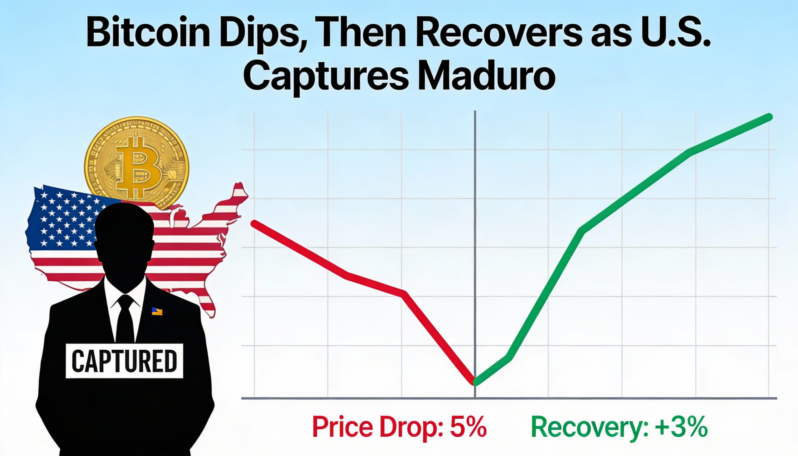 Bitcoin falls on news of Maduro’s capture in Venezuela, then rebounds as markets stabilize.