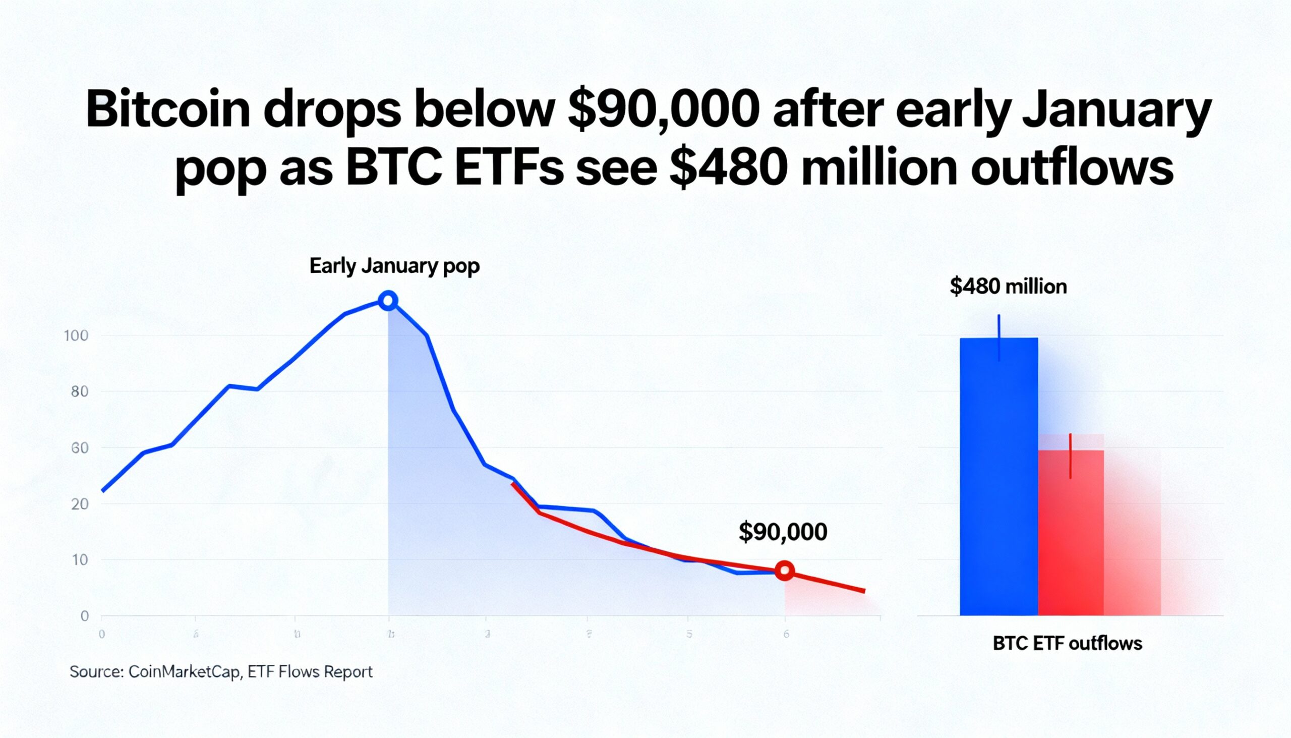 BTC drops beneath $90,000 amid early-year pullback, as investors withdraw $480 million from bitcoin ETFs.
