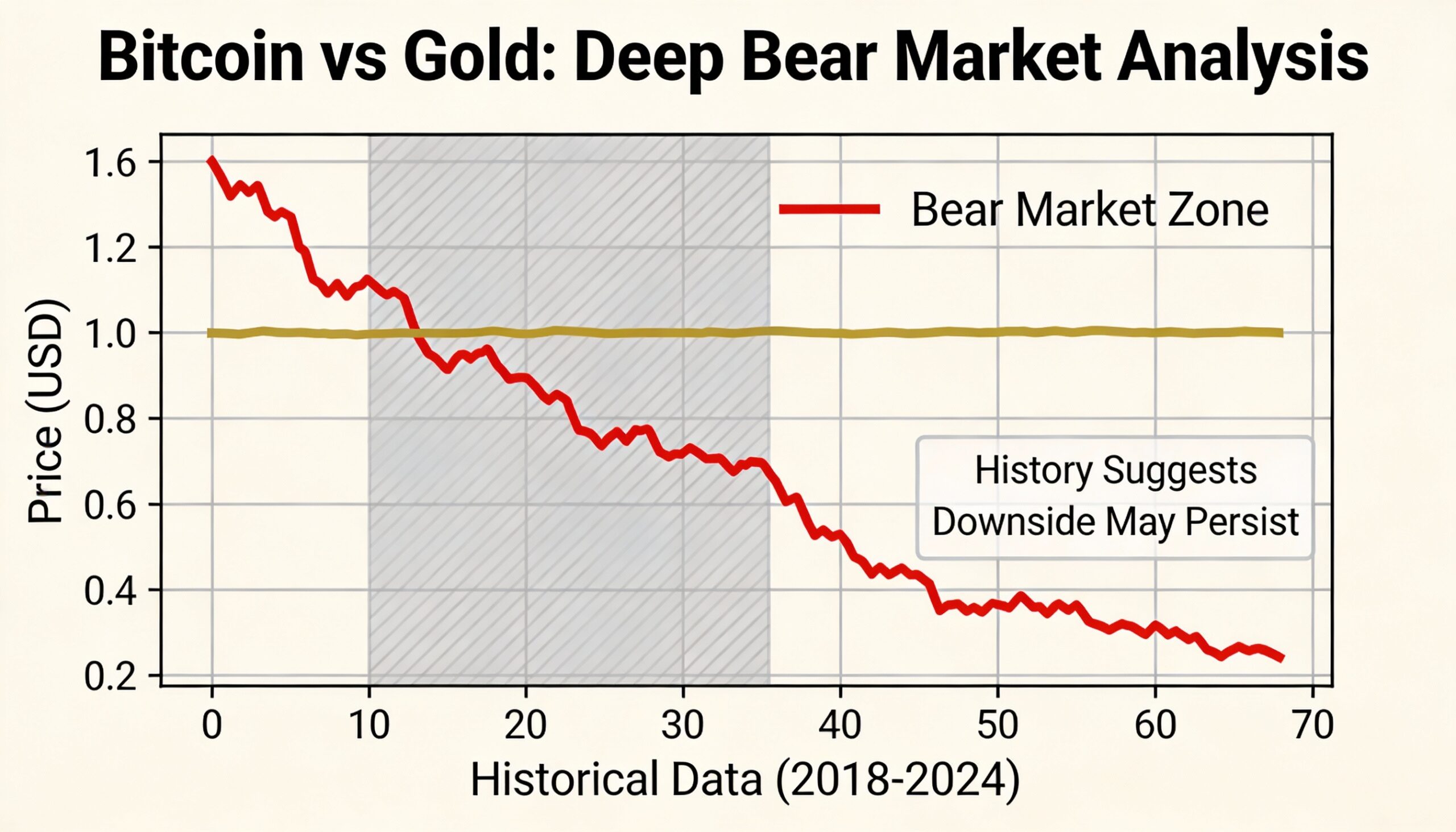 Against gold, Bitcoin is deep in bearish territory, and past patterns suggest the decline could persist.