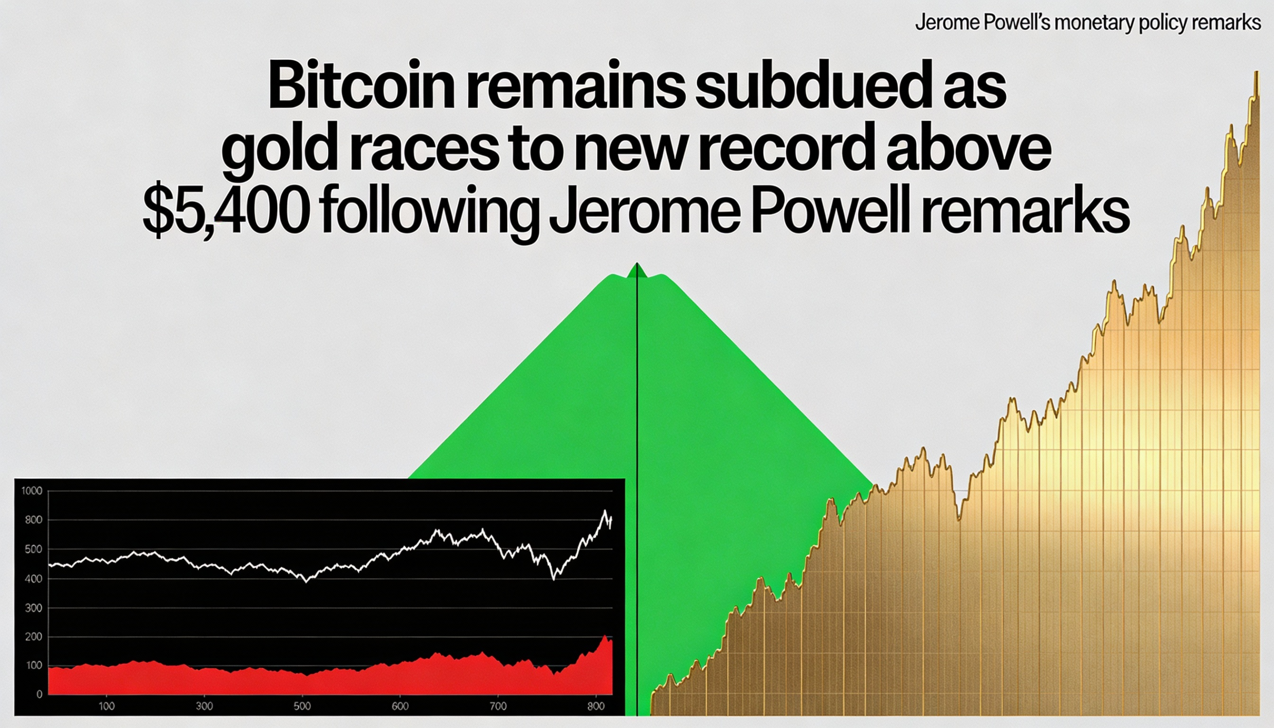 Gold races to $5,400+ while Bitcoin remains under pressure after Powell’s comments.