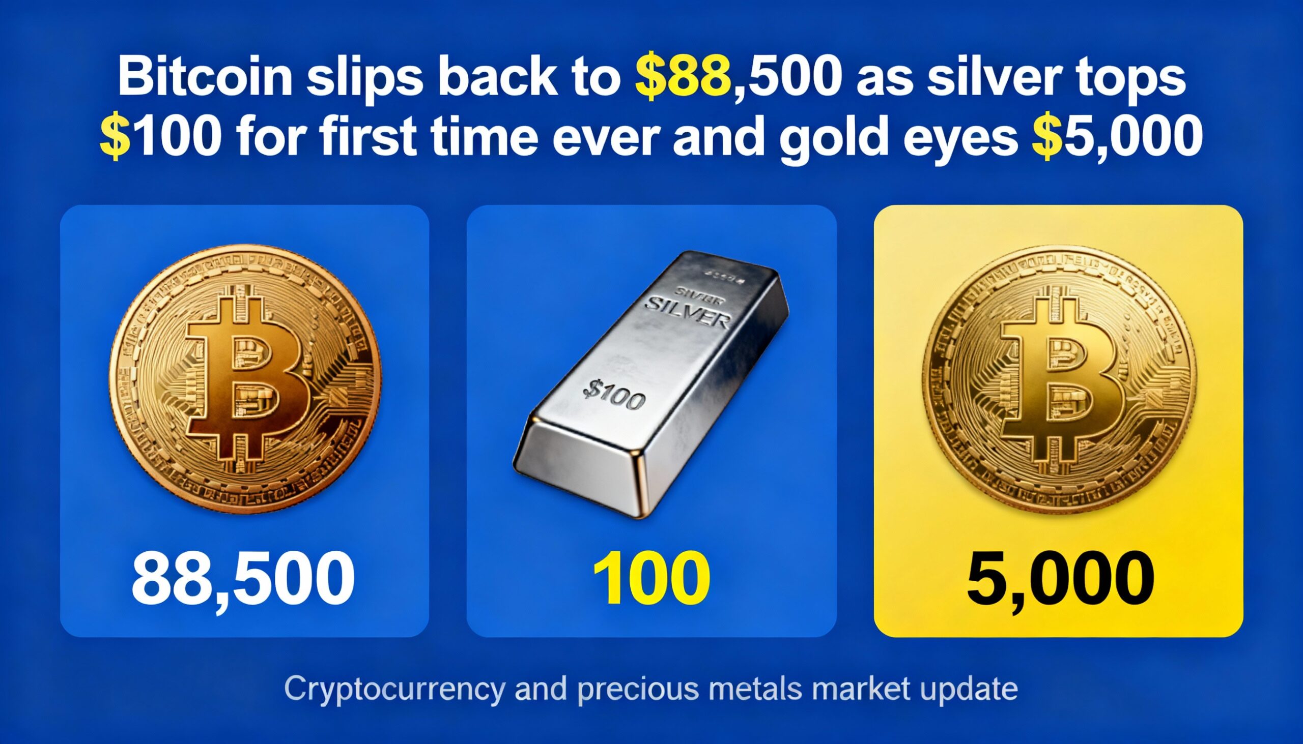 Bitcoin pulls back to $88,500 as silver surges past $100 and gold eyes $5,000