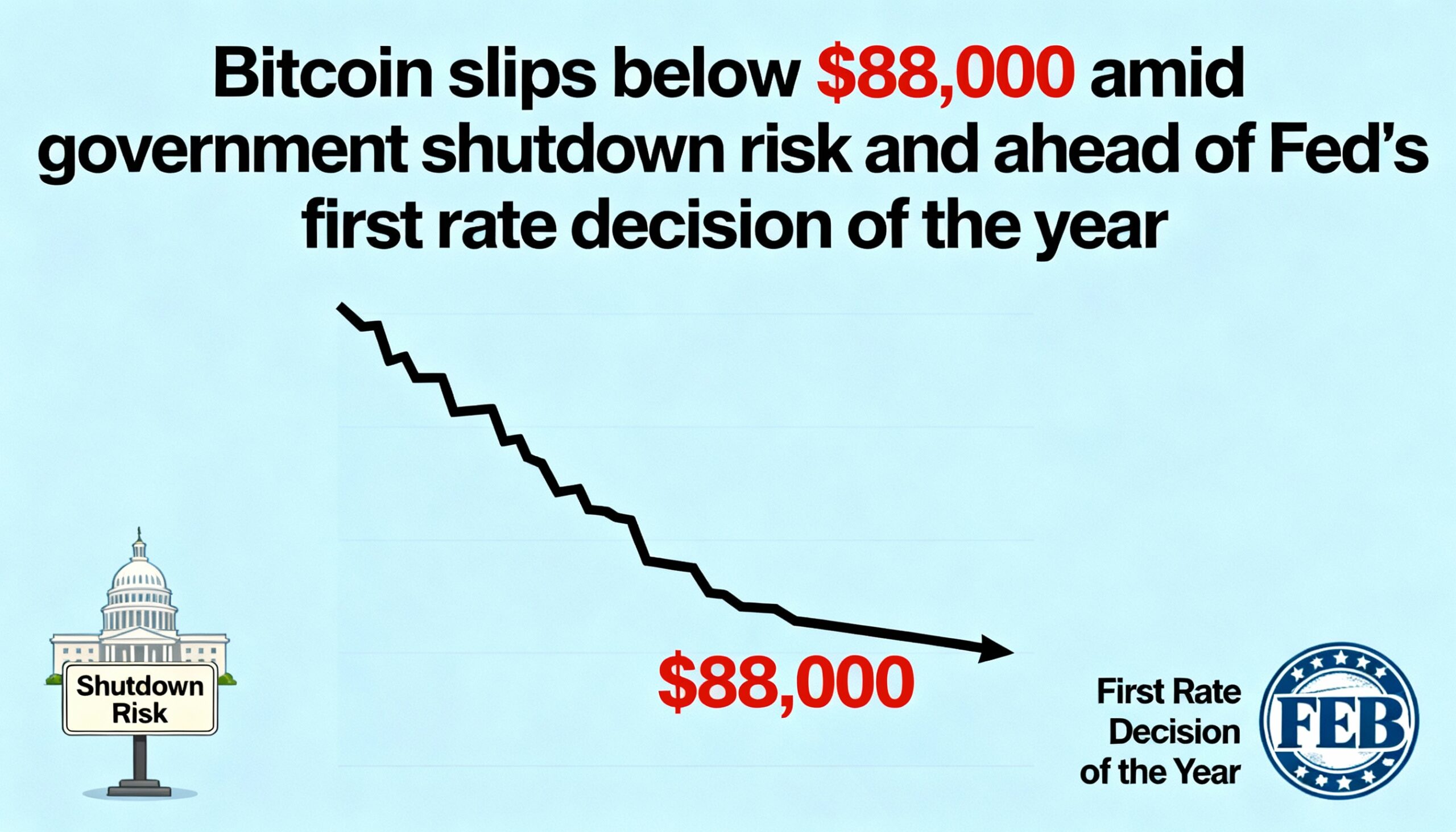 Bitcoin retreats below $88,000 as investors weigh shutdown uncertainty and upcoming Fed meeting