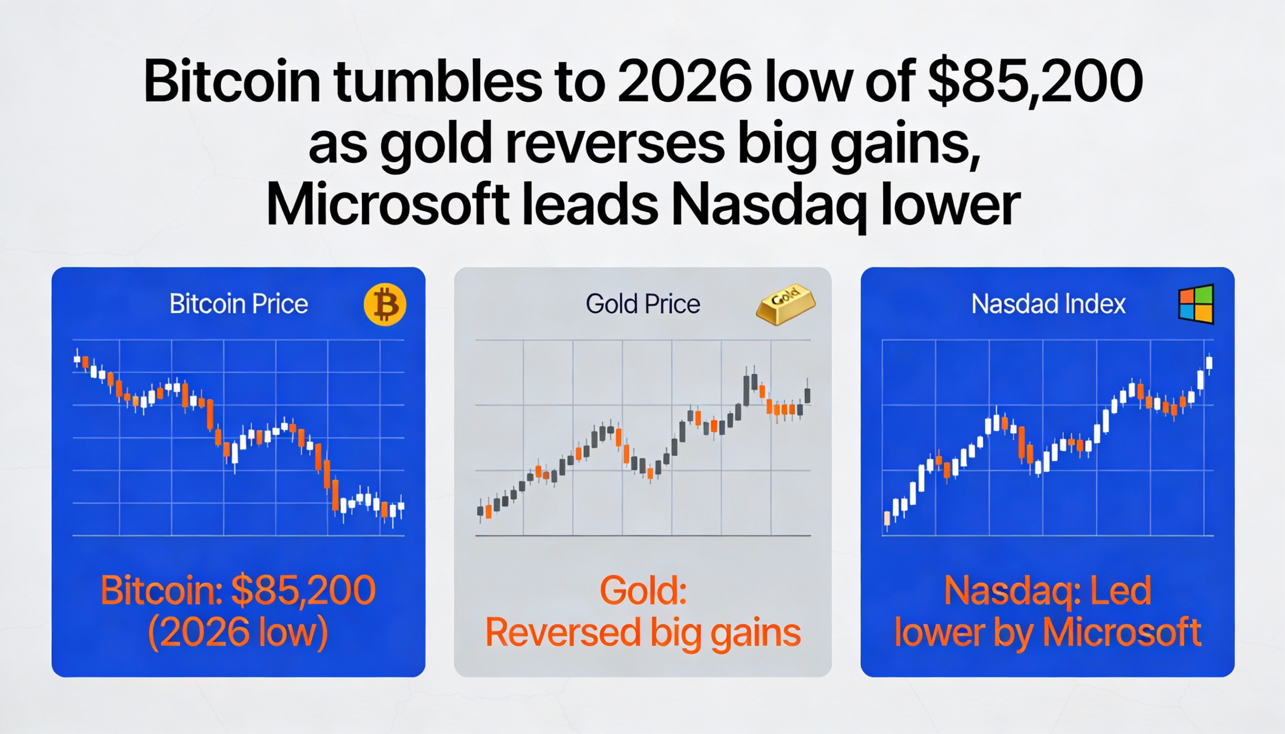 BTC sinks to 2026 low amid gold pullback, with Microsoft leading declines on the Nasdaq
