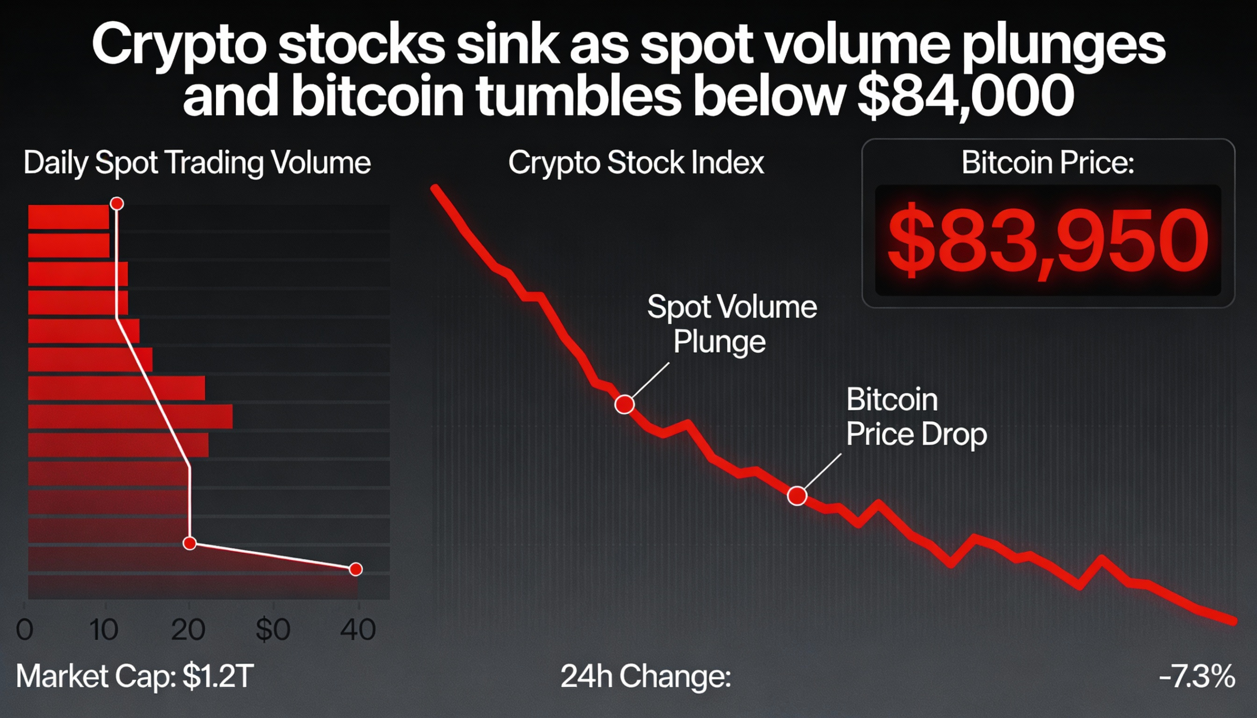 Crypto shares decline as Bitcoin falls below $84K, weighed down by low spot volume.