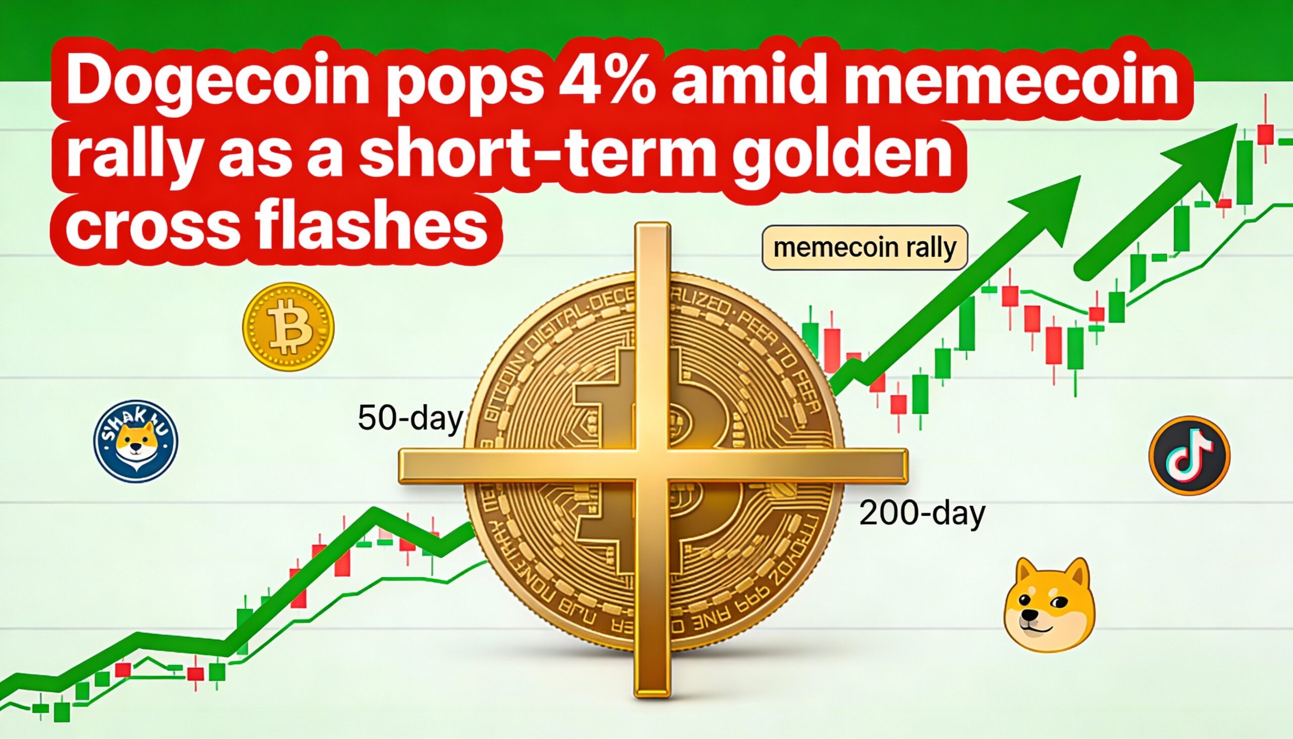 Dogecoin climbs 4% as memecoins rally, with a bullish short-term golden cross drawing trader attention.