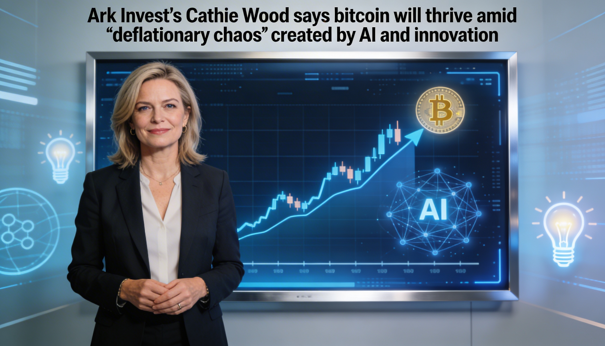 Cathie Wood, CEO of Ark Invest, believes bitcoin will benefit from the “deflationary chaos” ushered in by AI and technological advances.