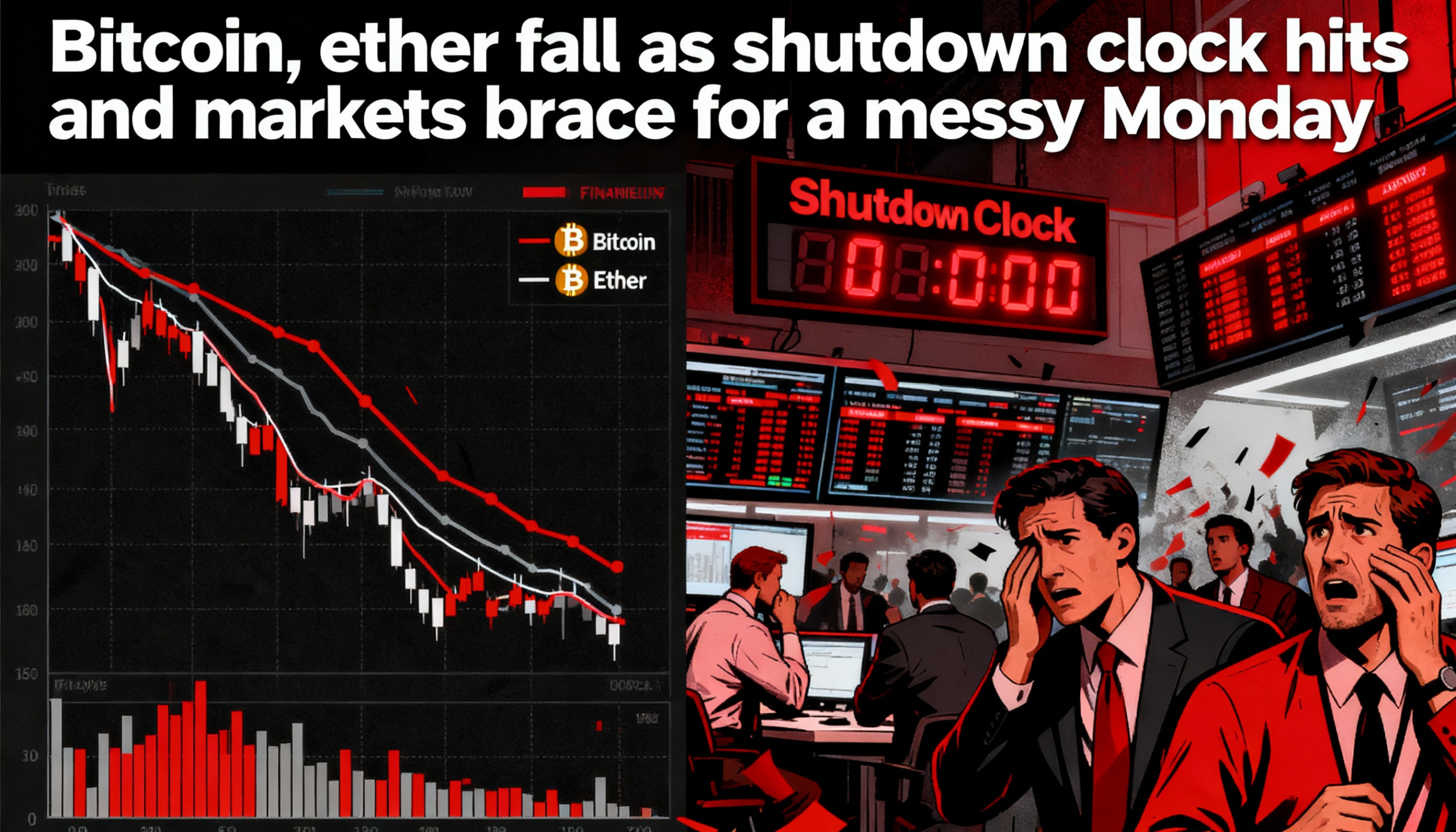 As the shutdown timer counts down, Bitcoin and Ether lose ground amid growing market caution.