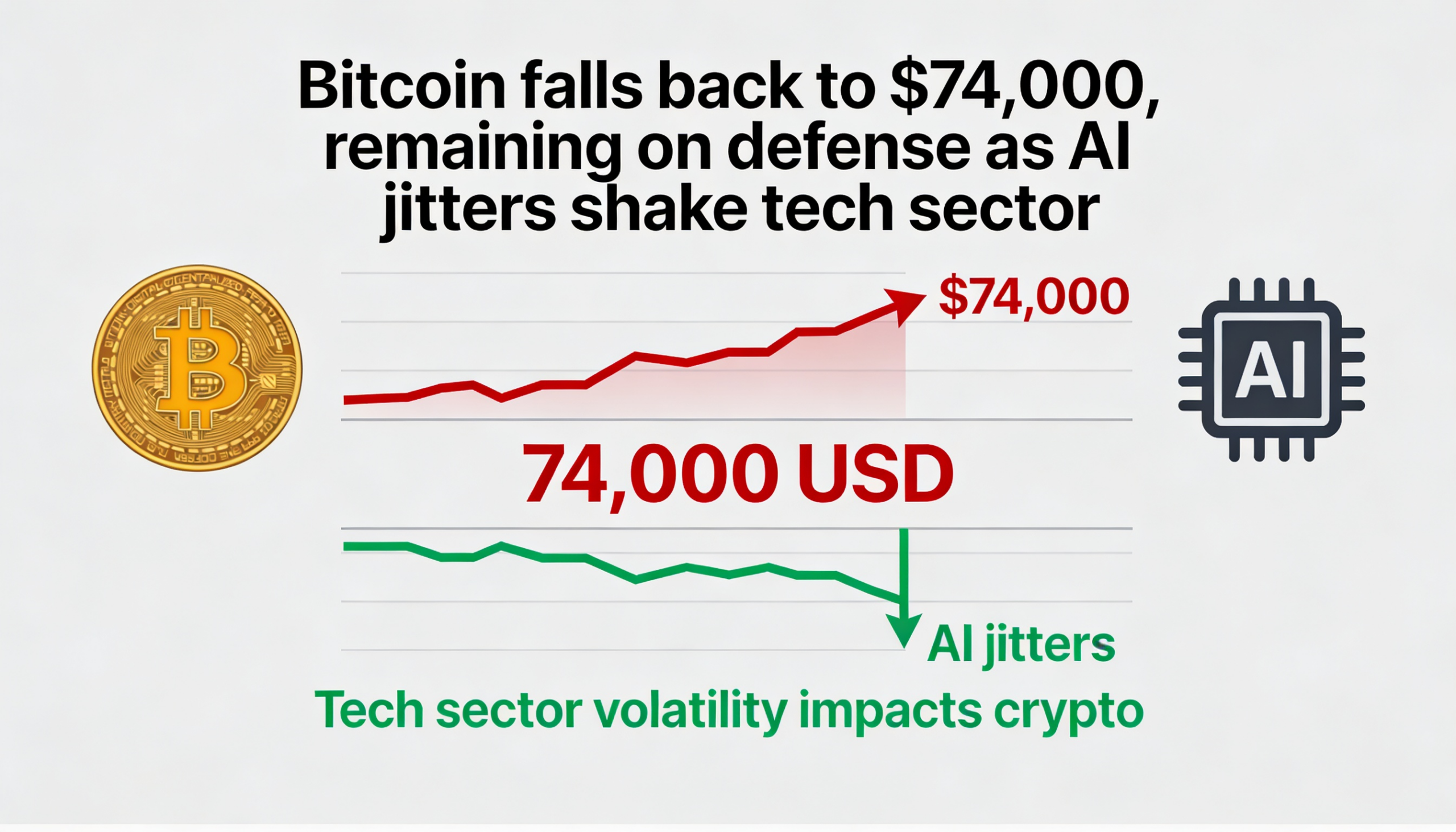 Bitcoin slips to $74,000, remaining under pressure as AI worries weigh on the tech sector.