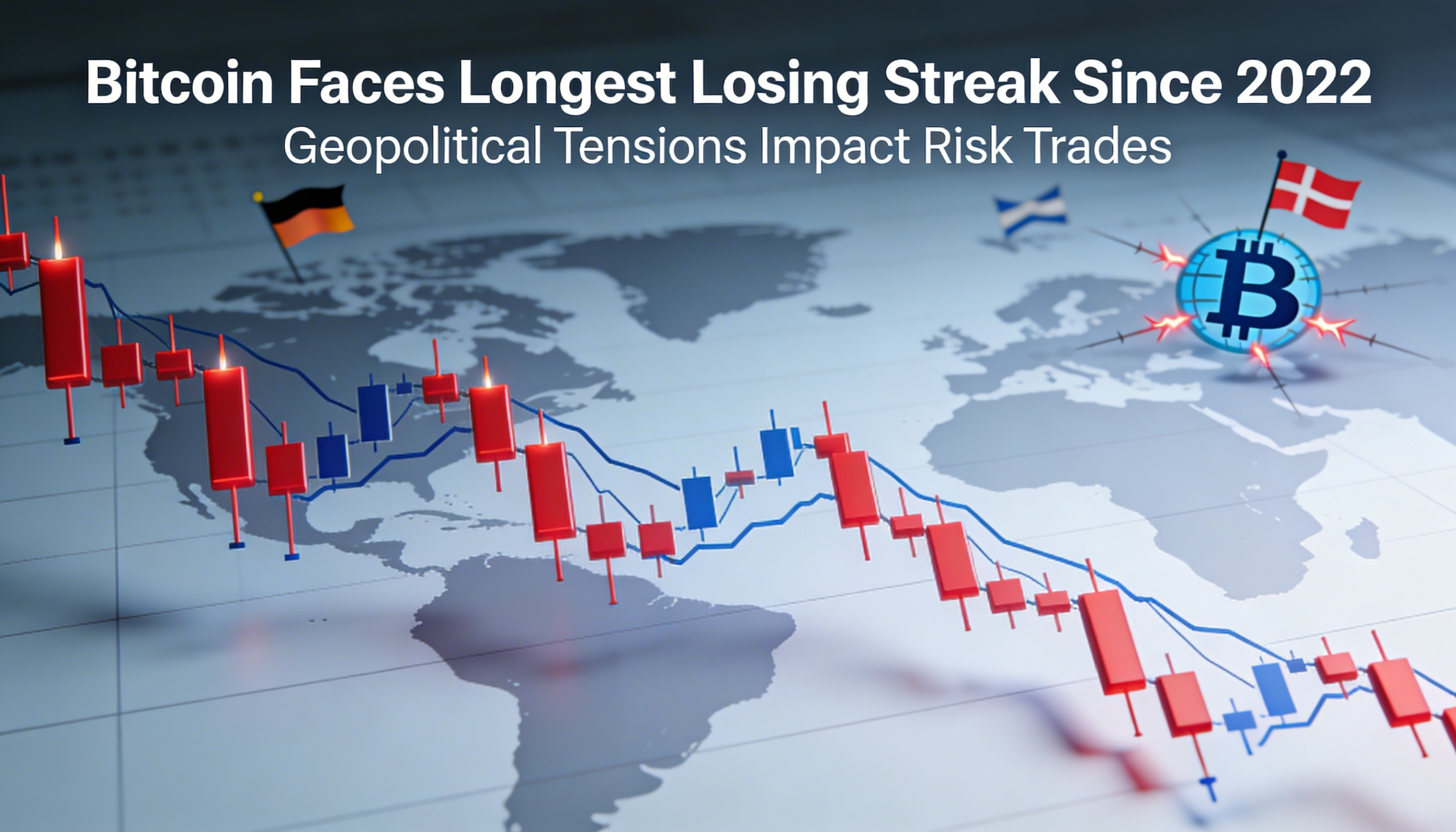 Bitcoin faces its lengthiest slide since 2022, pressured by escalating geopolitical uncertainty across markets.