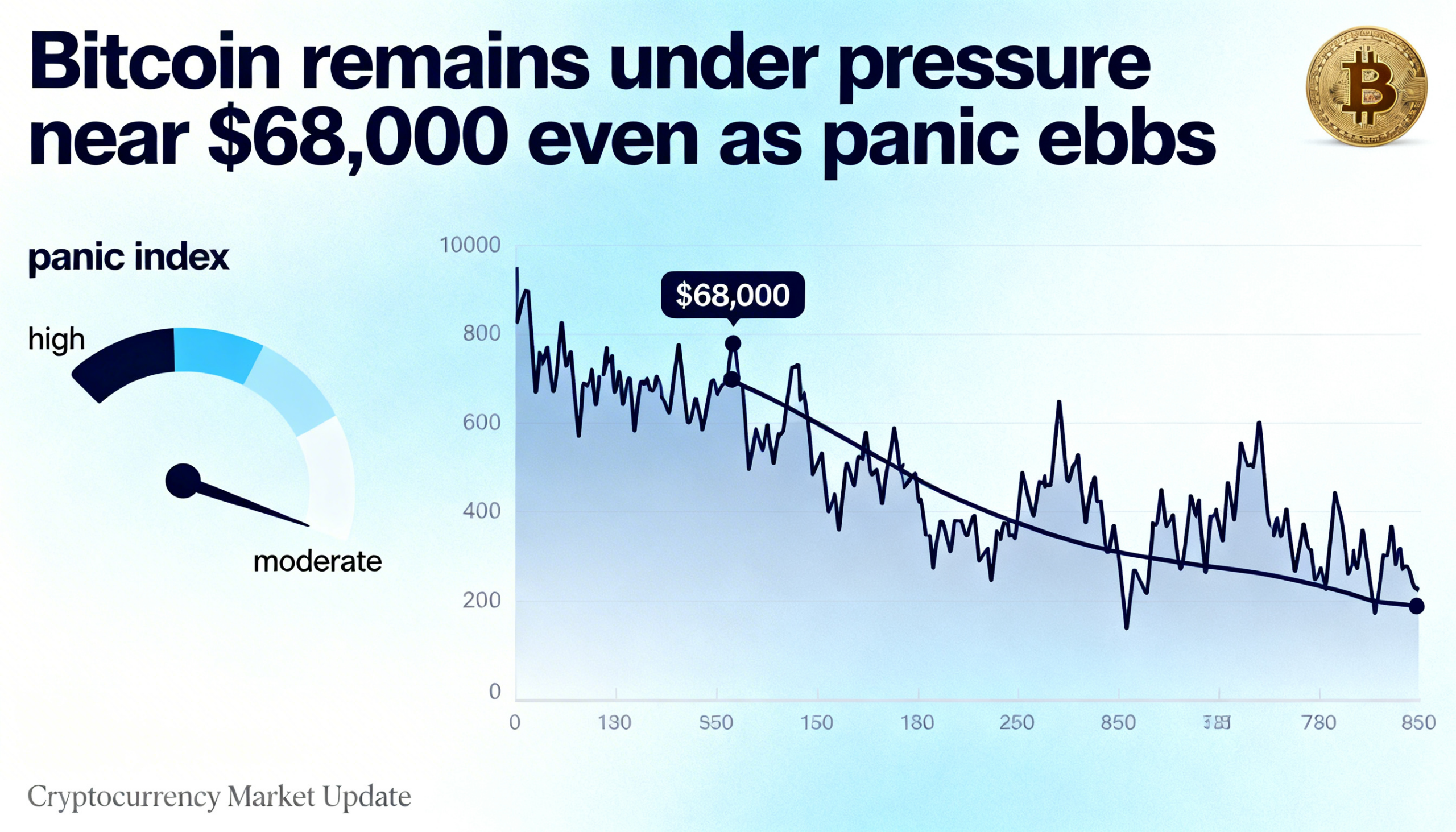 Bitcoin stays on the back foot near $68,000, with lingering weakness even as volatility calms.
