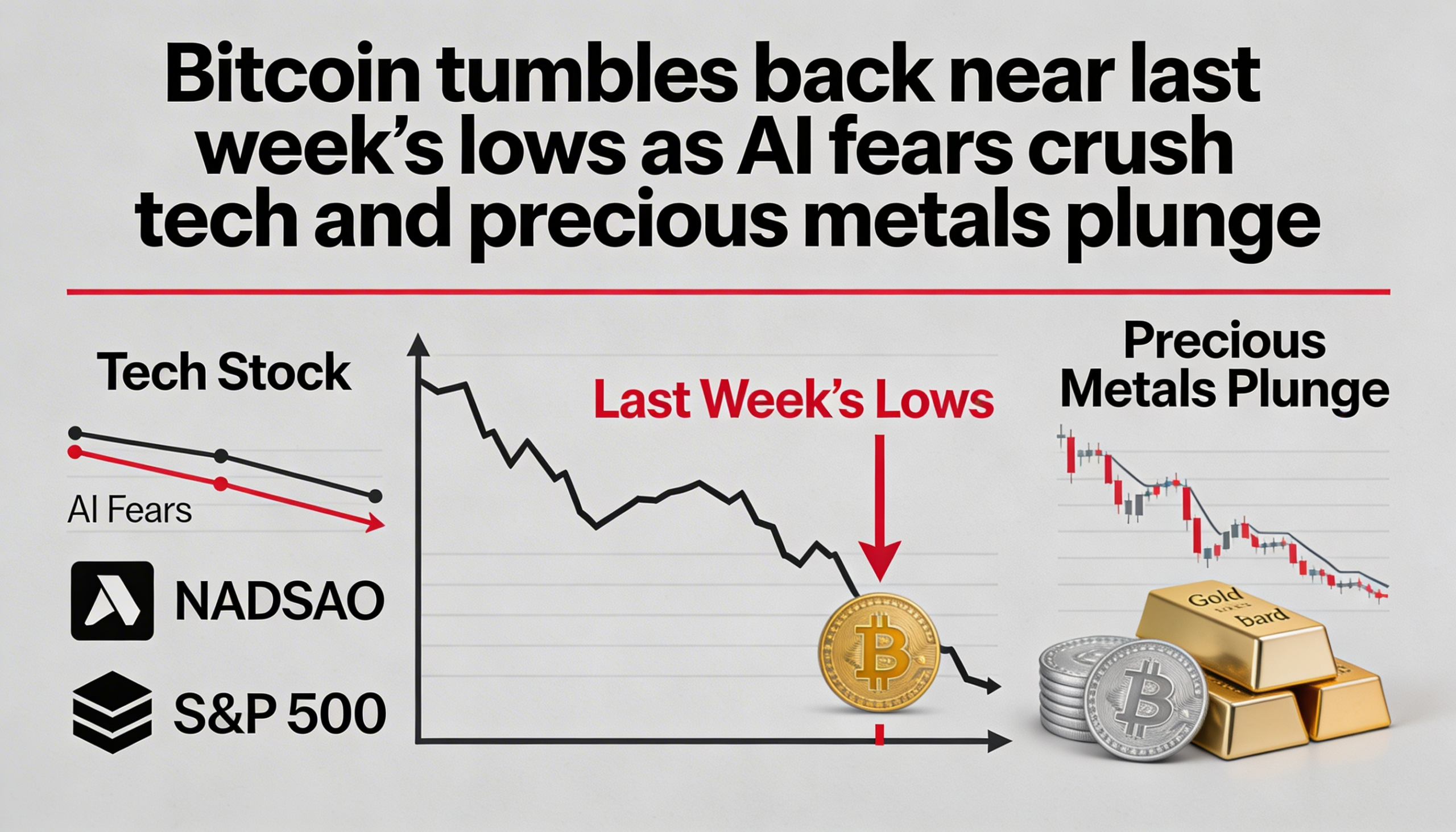 Bitcoin falls close to last week’s lows as fears over AI weigh on tech and push precious metals lower