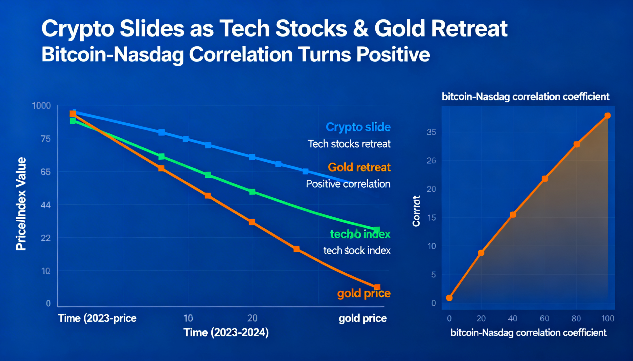Bitcoin and broader crypto slide while tech stocks and gold weaken, strengthening their positive correlation with the Nasdaq.