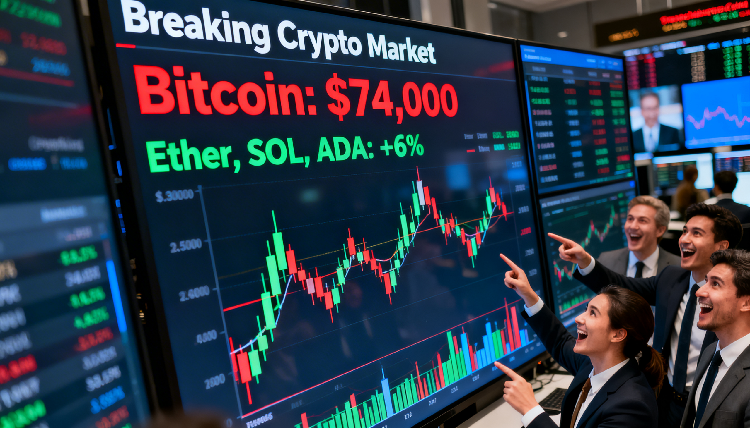 Bitcoin Spikes Above $74K as Ether, Solana and Cardano Lead Altcoin Gains of Up to 6%