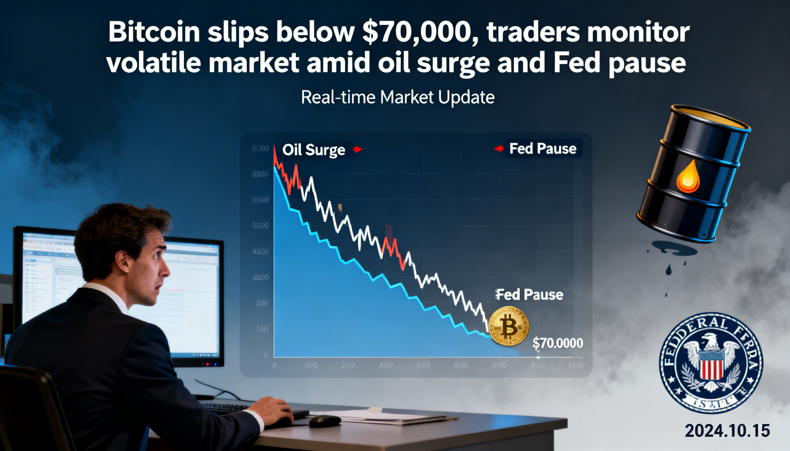 Bitcoin dips beneath $70,000 as oil rally and Fed hold weigh on markets.