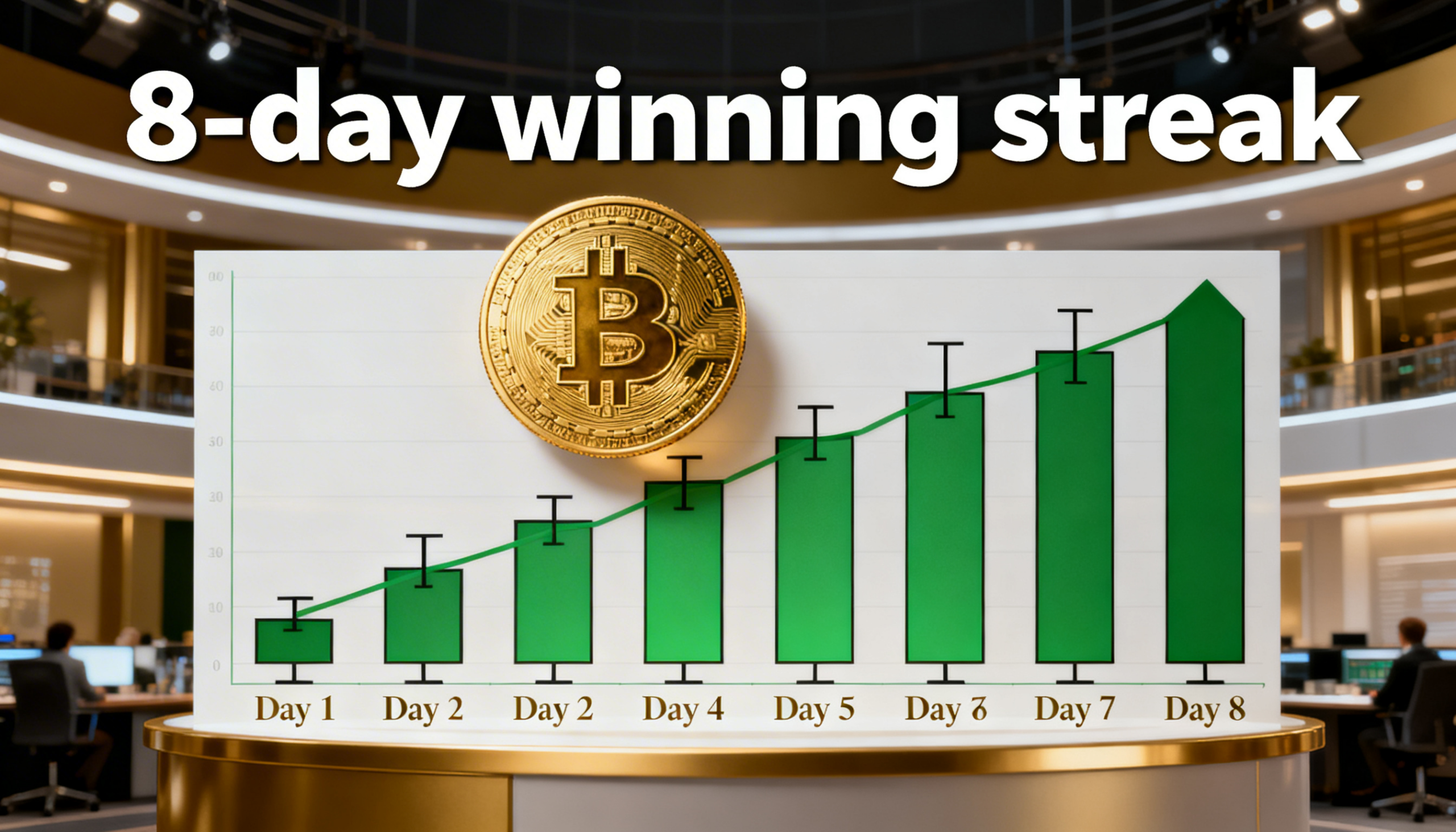 Bitcoin notches eight straight days of gains, a rare feat that also occurred amid the 2022 bear market.