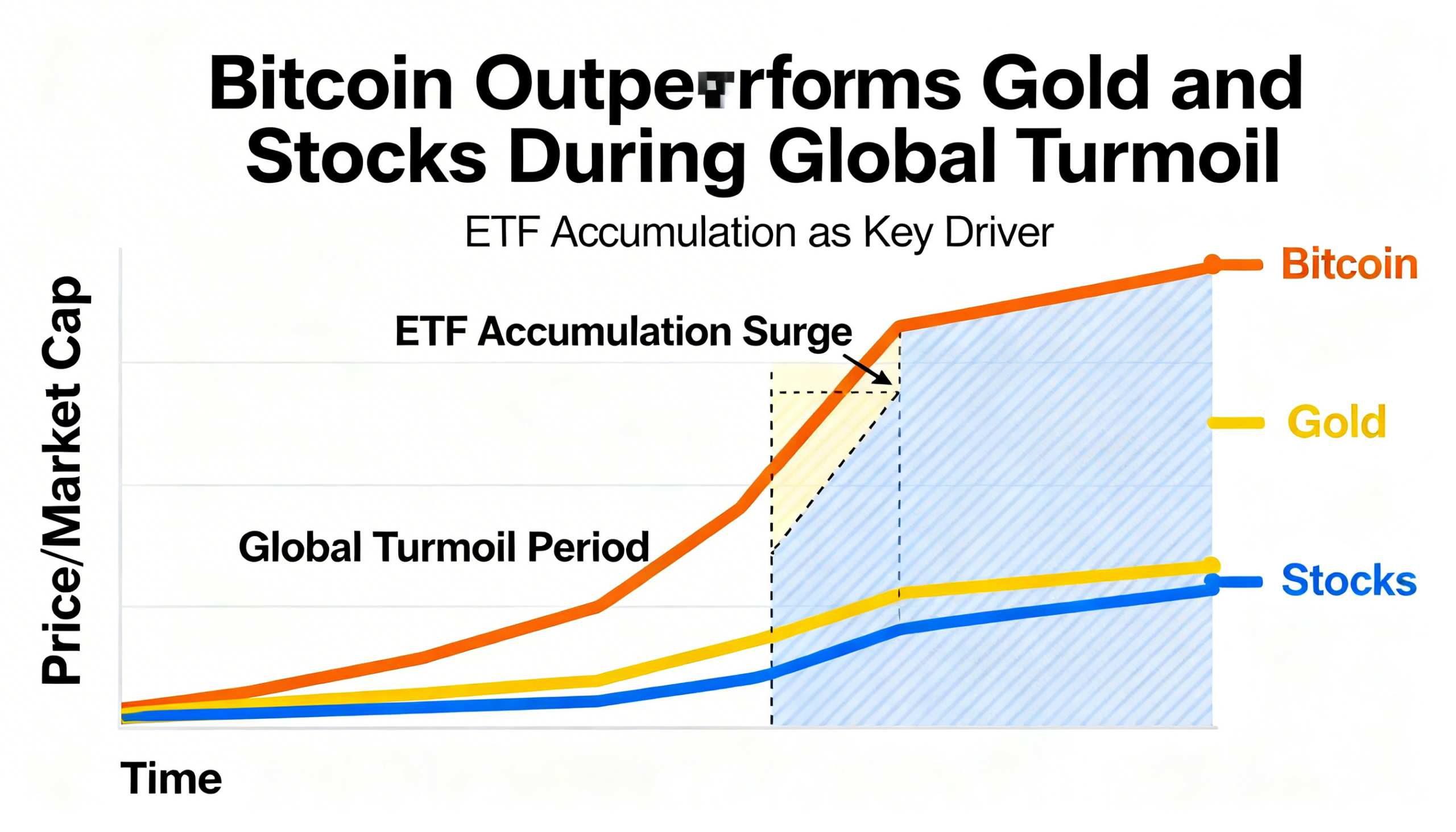 Bitcoin outshines gold and stocks during global volatility with strong ETF demand and Strategy purchases.