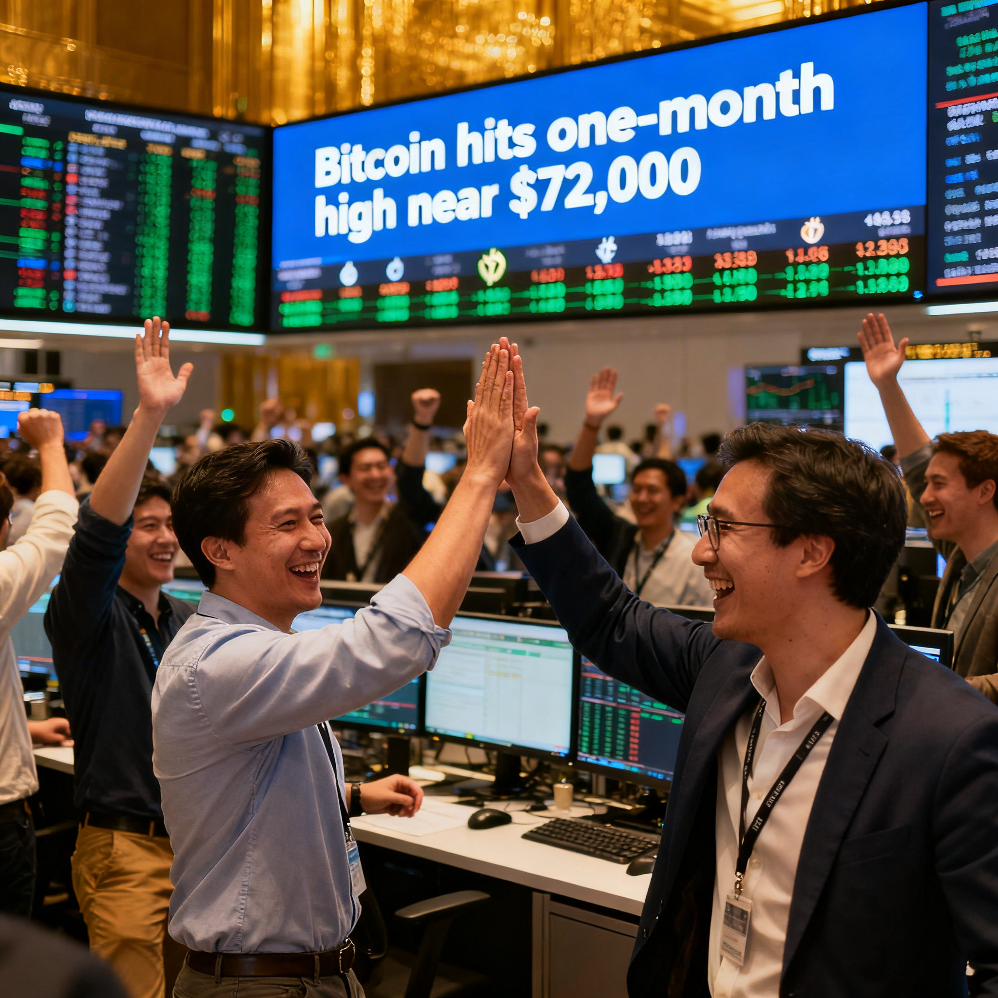 Bitcoin rallies toward $72,000, touching its highest level in a month on haven flows.