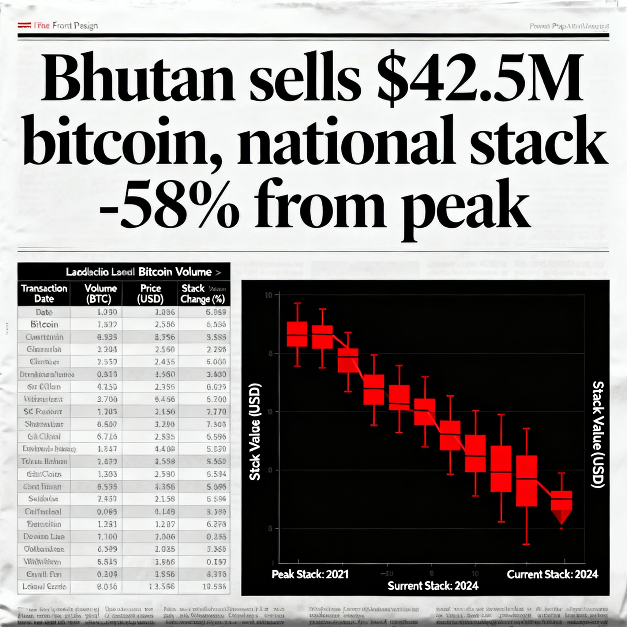 Bhutan liquidates $42.5M in Bitcoin during 2026, with its national reserve now 58% below its peak level.