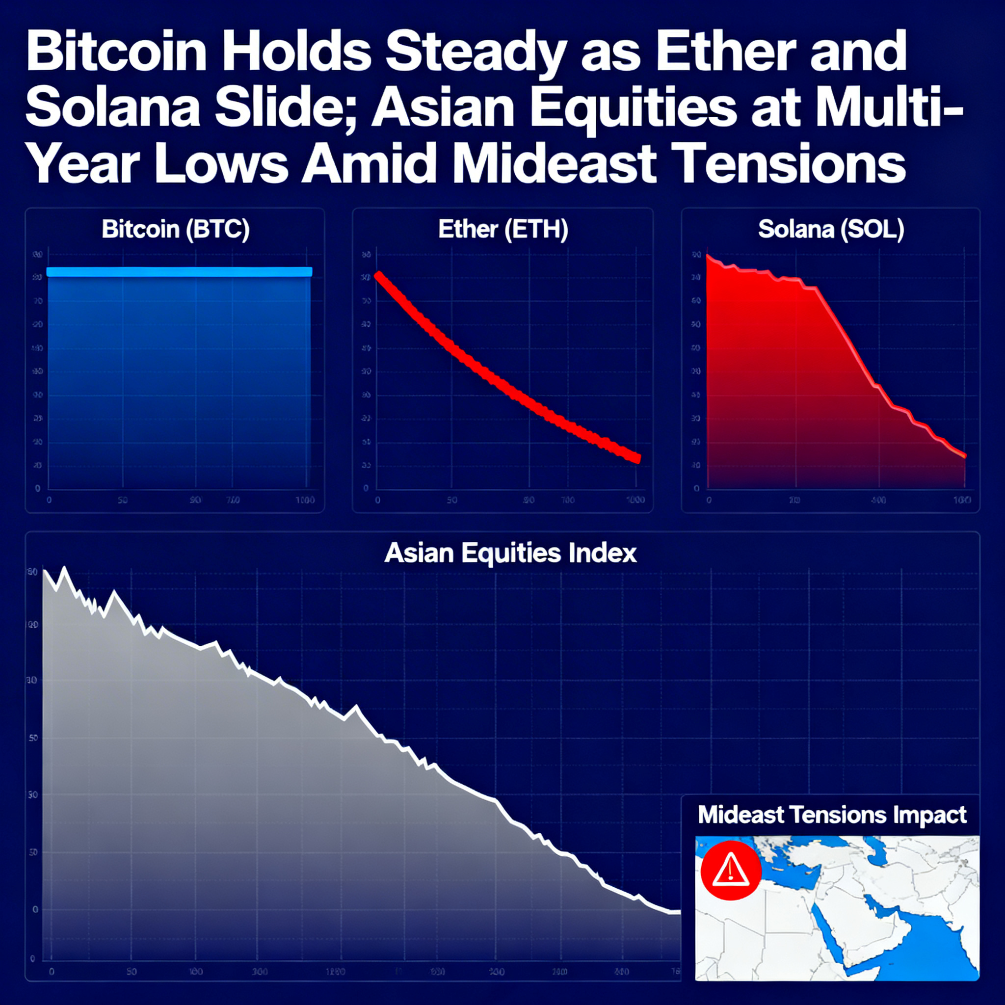 Bitcoin holds ground even as ether and solana retreat with Asian equities pressured by Middle East unrest.