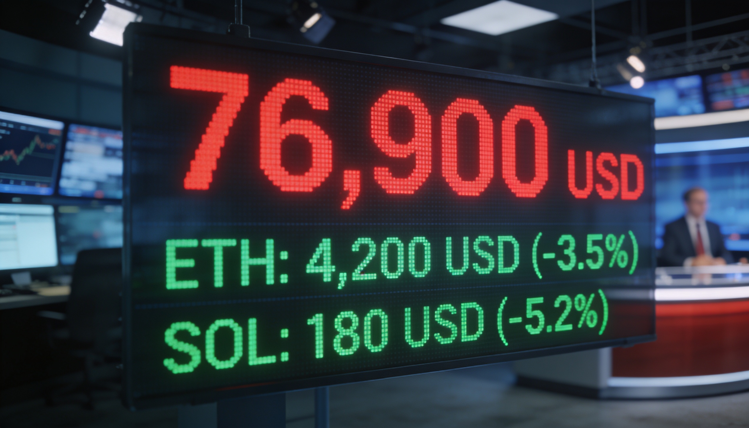 Bitcoin dips beneath $77,000 while ether and solana slide, with oil rallying to a three-week high on escalating Hormuz tensions.