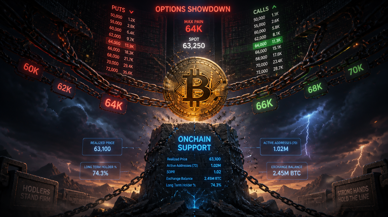 Bitcoin sits at the crossroads of onchain support and a high-stakes options setup