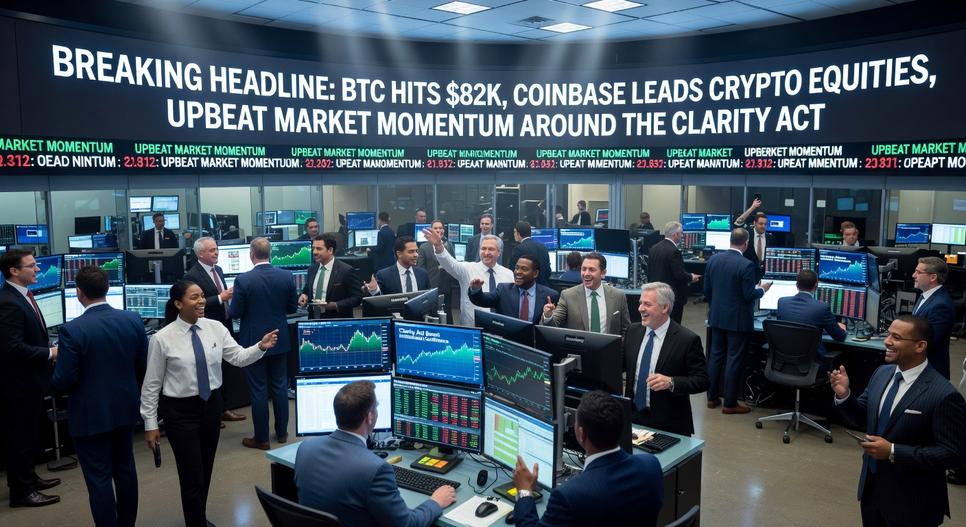 Bitcoin pushes to $82,000, lifting Coinbase and broader crypto equities as the Clarity Act gains traction.