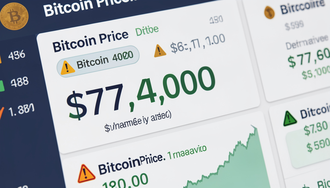 Bitcoin sits near $77,400 as derivatives positioning reflects caution in the market.