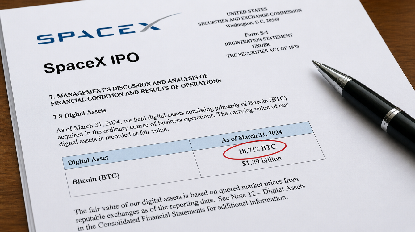 IPO documents reveal SpaceX, led by Elon Musk, held 18,712 BTC worth $1.29 billion at Q1’s end.