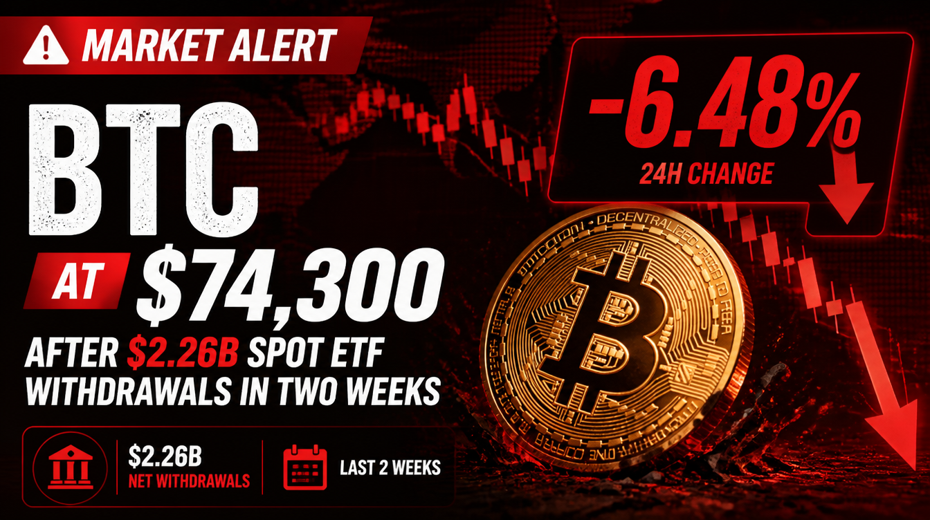 Bitcoin declines to $74,300 while spot ETFs see $2.26 billion in outflows over a two-week period.
