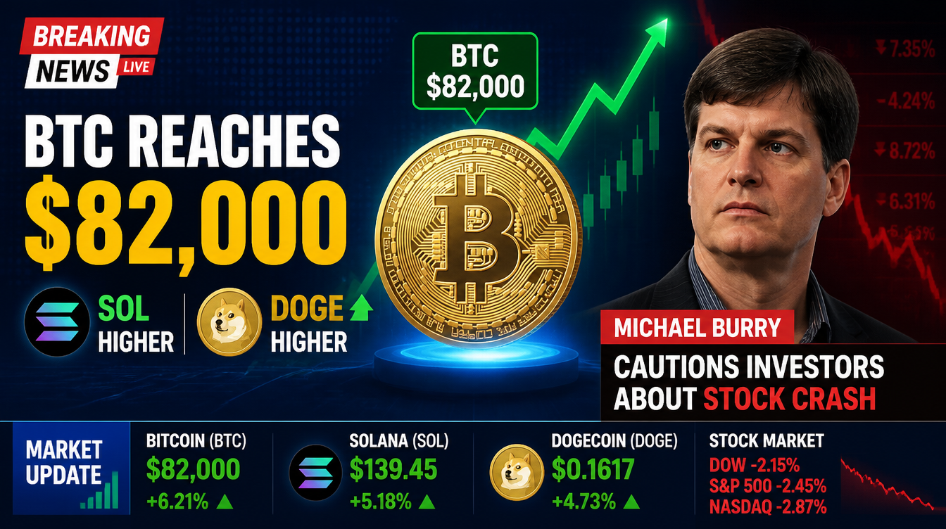 BTC Briefly Climbs Past $82K While SOL, DOGE Jump; Michael Burry Cautions on Equities