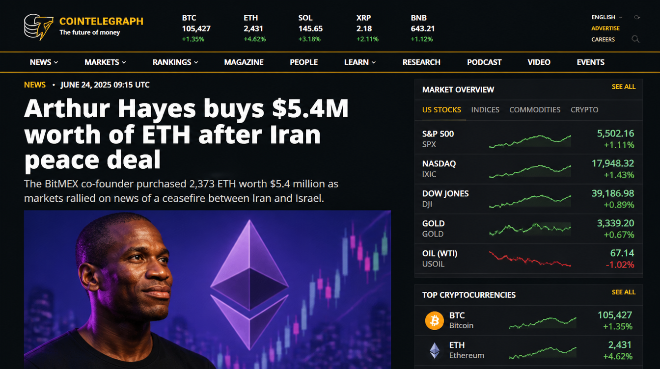 Ethereum News: Hayes Accumulates $5.4M in ETH Following Iran Peace Deal Boost