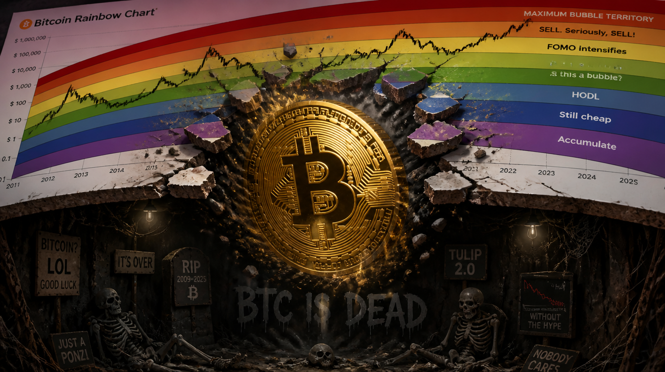 Bitcoin Breaches Rainbow Chart Base, Lands in ‘BTC Is Dead’ Territory