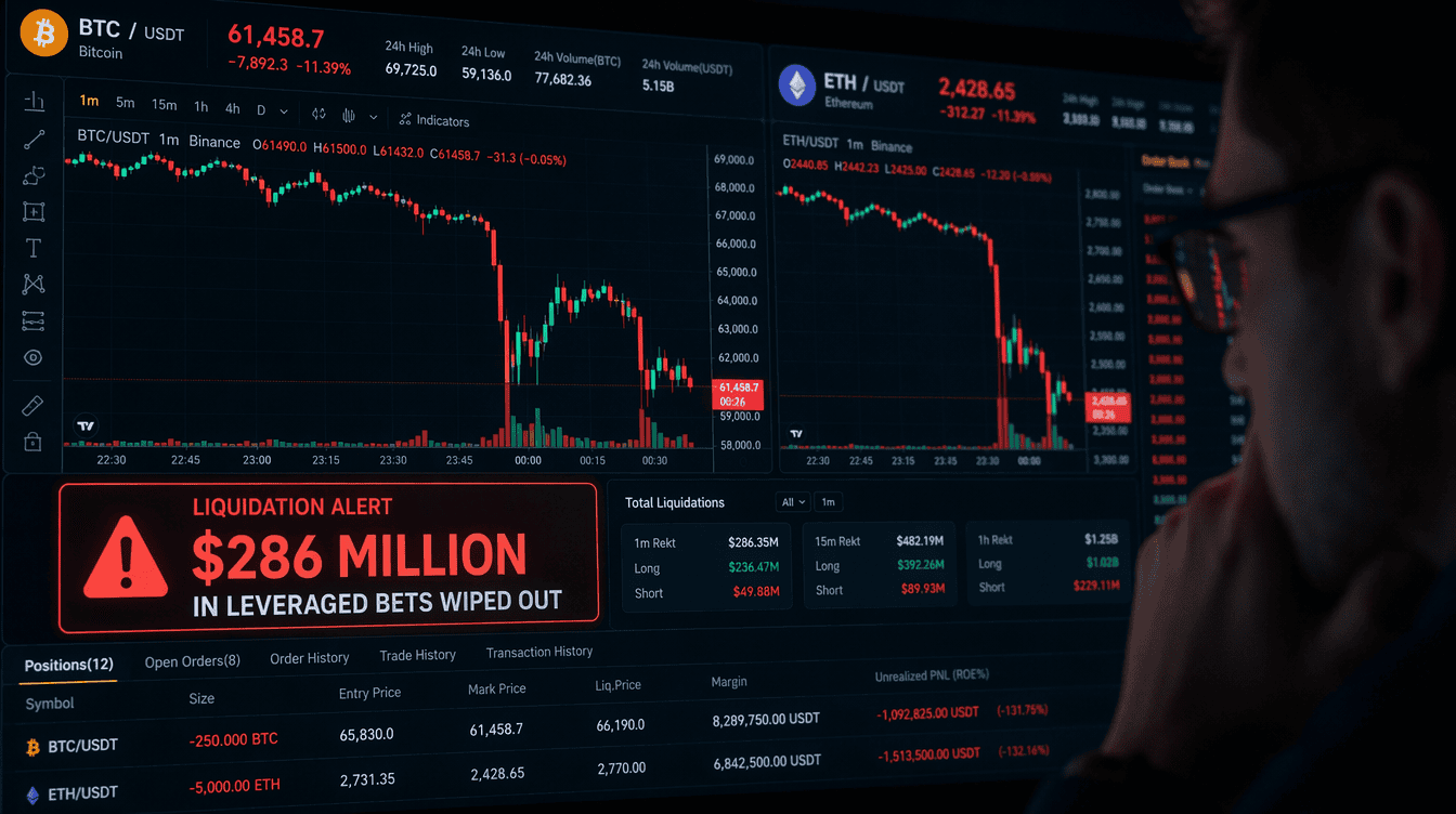 Market Whiplash: $286M in Leveraged Trades Crushed Amid BTC, ETH Turbulence