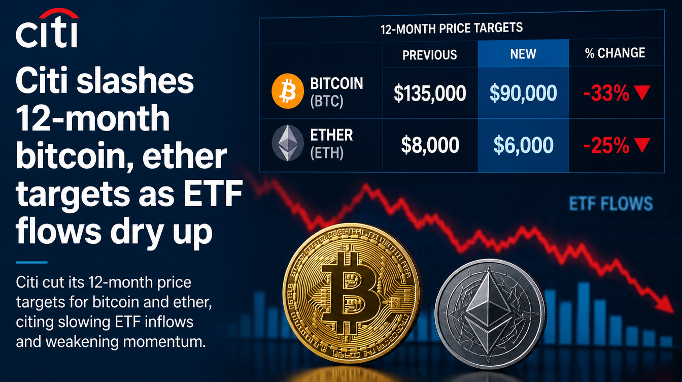 Bitcoin, Ether Outlook Darkens as Citi Trims Price Targets on Weak Flows
