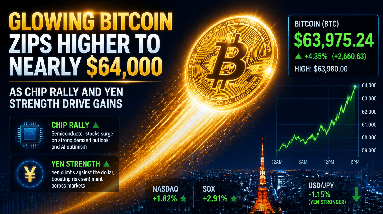 Bitcoin Pushes Higher Near $64K as Tech Gains and Yen Strength Improve Sentiment