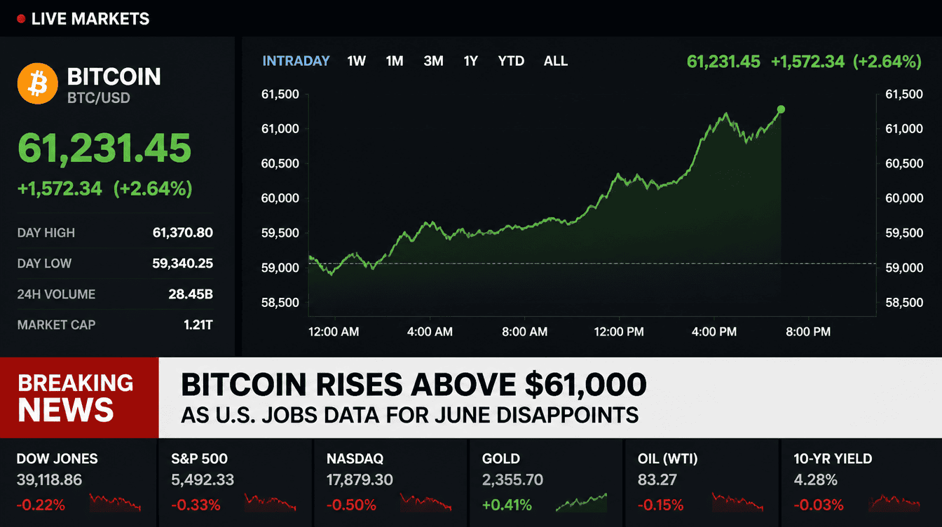 Crypto Markets Rally as Bitcoin Breaks $61K on Weak Jobs Numbers