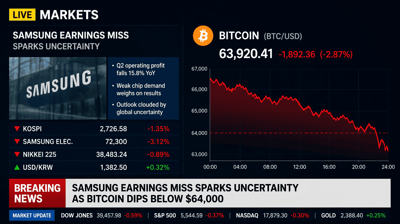 Samsung’s Weak Results Add Pressure as Bitcoin Dips Under $64K in Live Markets