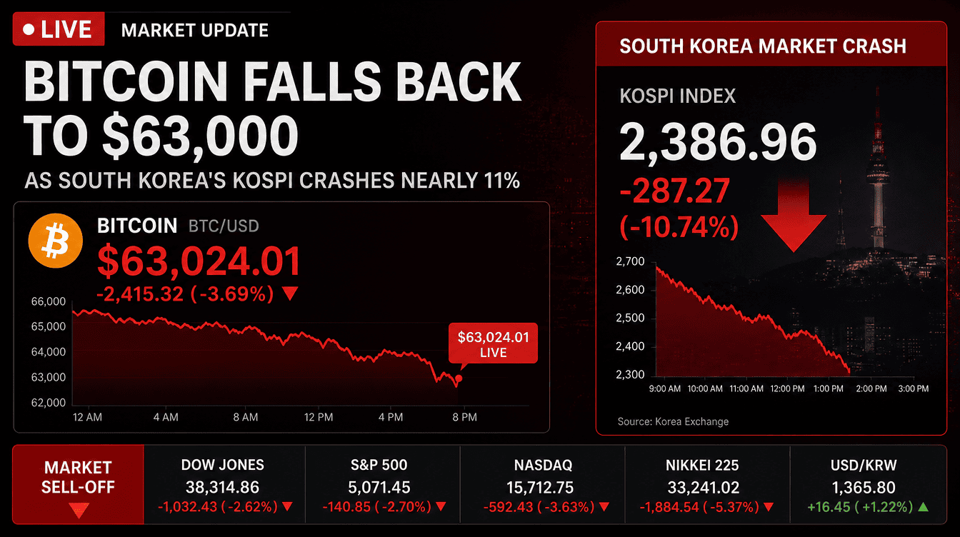 Crypto Markets Slide as South Korea’s Equity Crash Sends Risk Assets Lower